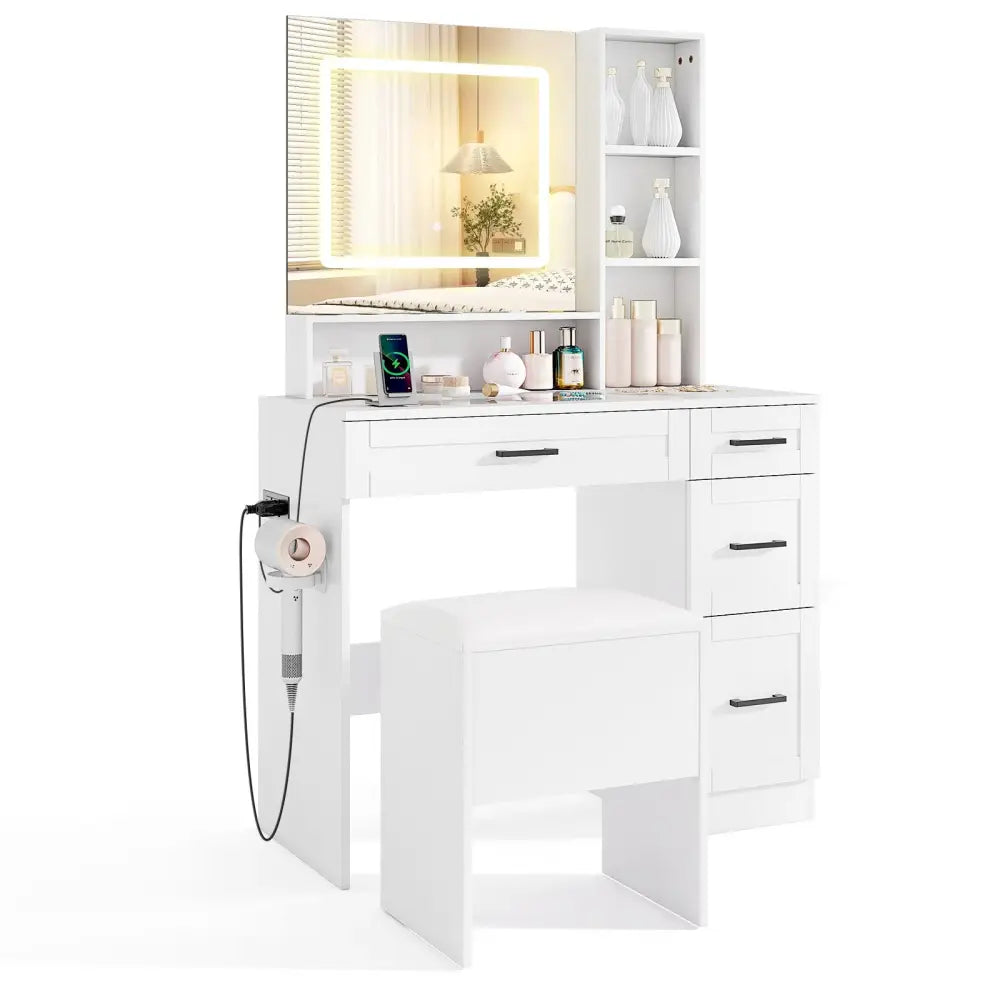 Dressing Desk with 3 Color Lighting and Hair Dryer Stand-White - White - Makeup Vanities
