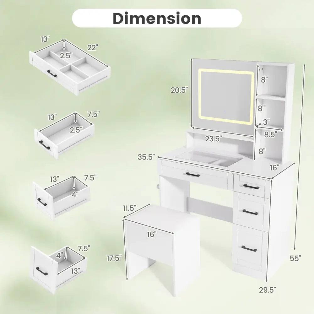 Dressing Desk with 3 Color Lighting and Hair Dryer Stand-White - White - Makeup Vanities