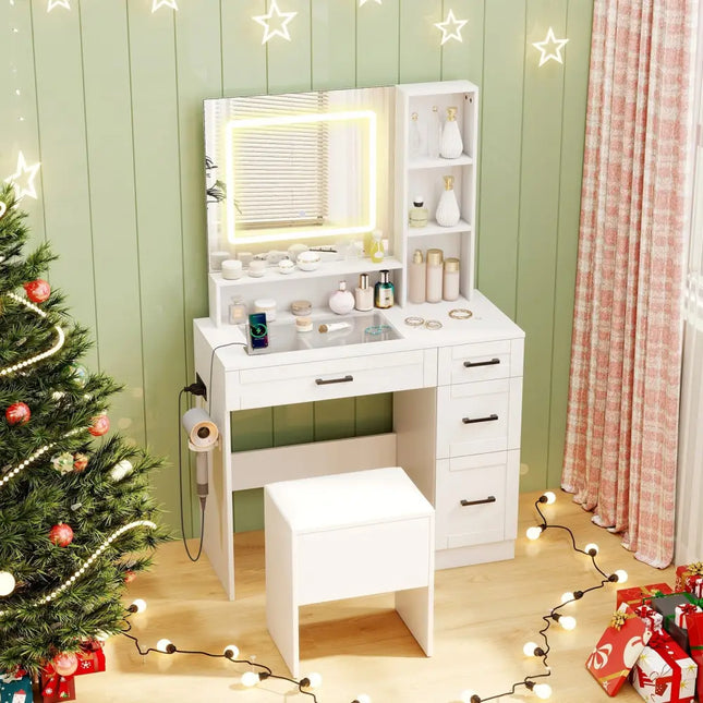 Dressing Desk with 3 Color Lighting and Hair Dryer Stand-White - White - Makeup Vanities