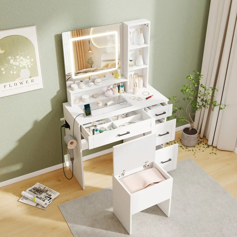 Dressing Desk with 3 Color Lighting and Hair Dryer Stand-White - White - Makeup Vanities