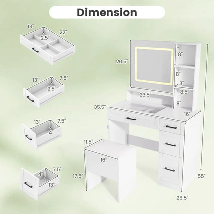 Dressing Desk with 3 Color Lighting and Hair Dryer Stand-White - White - Makeup Vanities