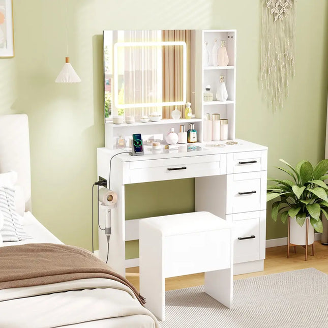 Dressing Desk with 3 Color Lighting and Hair Dryer Stand-White - White - Makeup Vanities