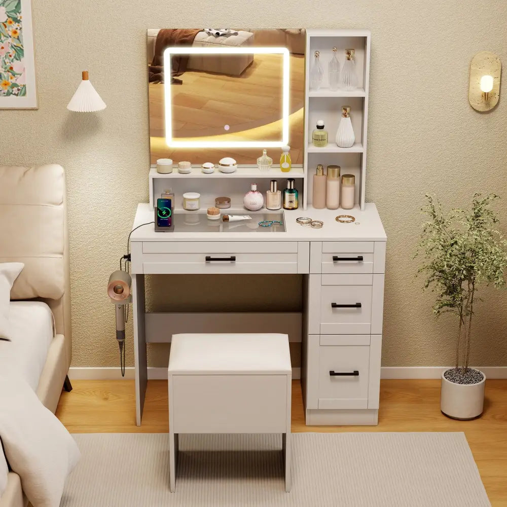 Dressing Desk with 3 Color Lighting and Hair Dryer Stand-White - White - Makeup Vanities