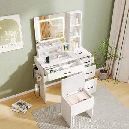 Dressing Desk with 3 Color Lighting and Hair Dryer Stand-White - White - Makeup Vanities