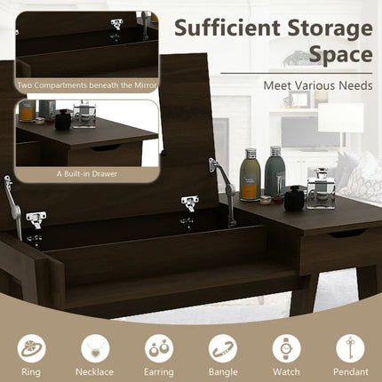 Dressing Table with Flip Mirror and Storage Drawer - Brown - Makeup Vanities