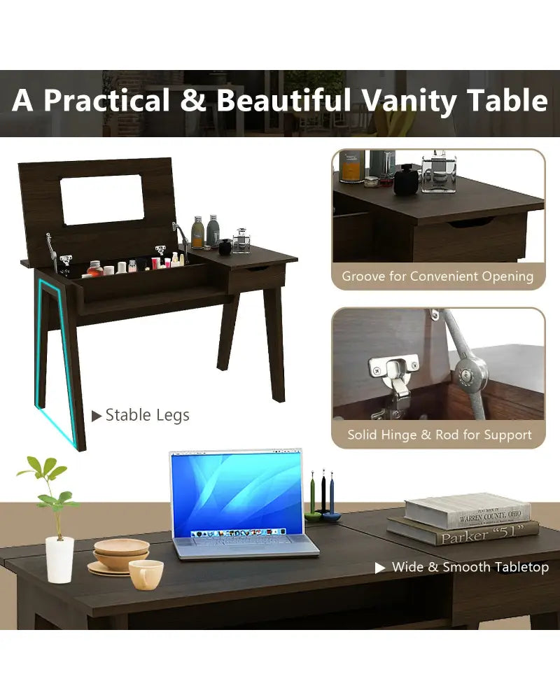 Dressing Table with Flip Mirror and Storage Drawer - Brown - Makeup Vanities