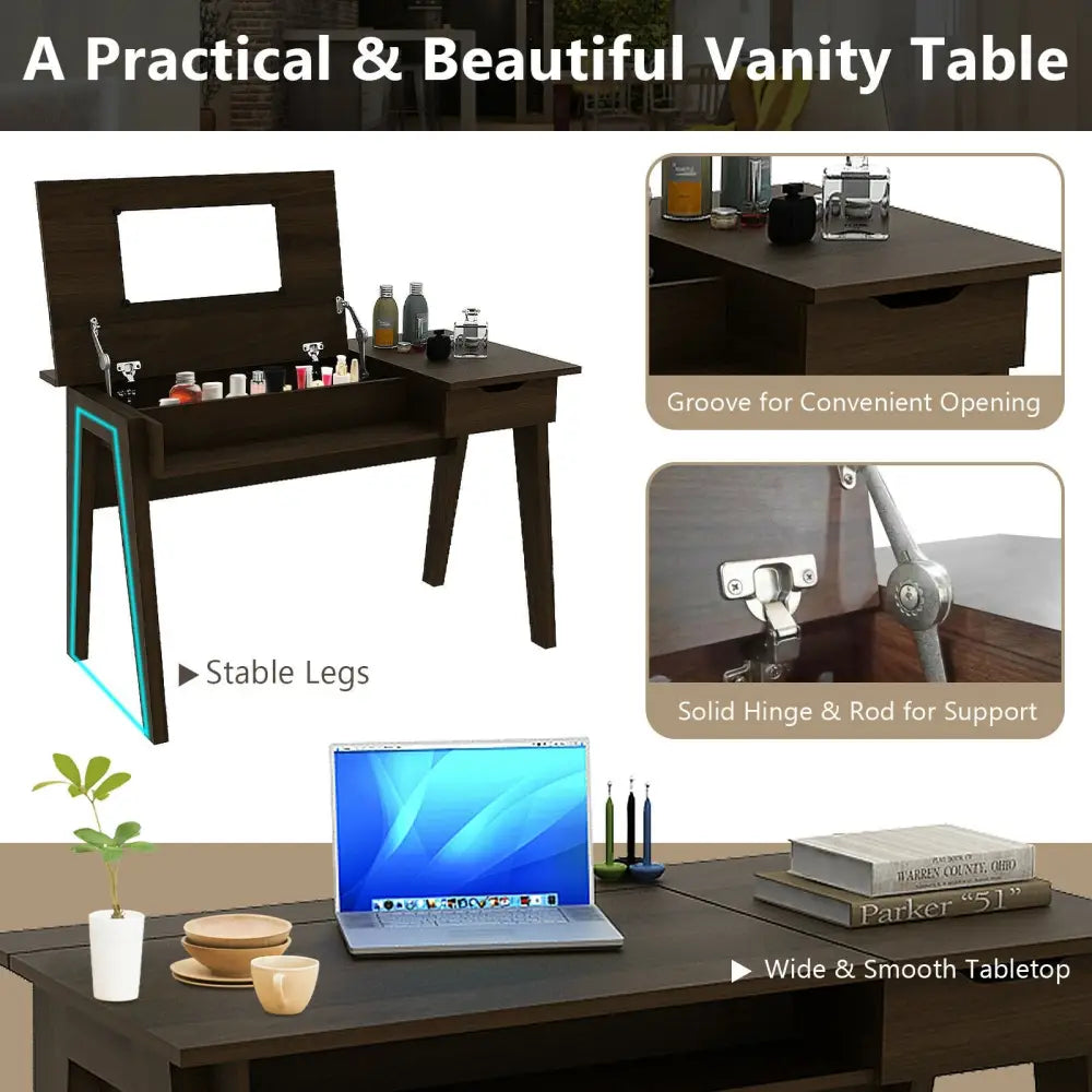 Dressing Table with Flip Mirror and Storage Drawer - Brown - Makeup Vanities