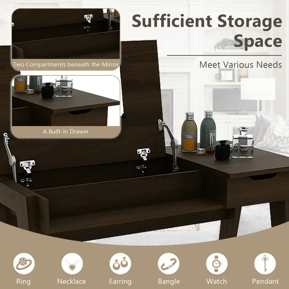 Dressing Table with Flip Mirror and Storage Drawer - Brown - Makeup Vanities