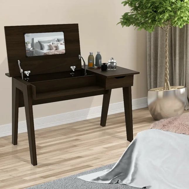 Dressing Table with Flip Mirror and Storage Drawer - Brown - Makeup Vanities