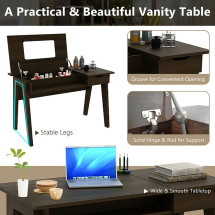 Dressing Table with Flip Mirror and Storage Drawer - Brown - Makeup Vanities