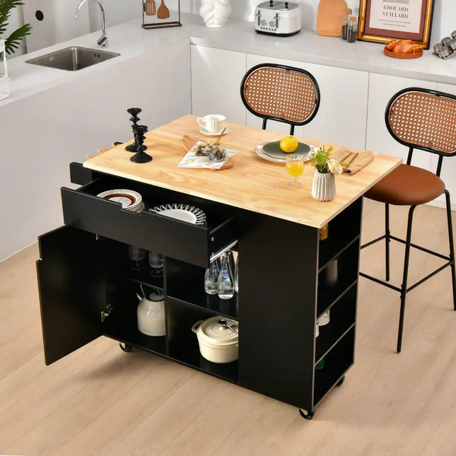 Drop-Leaf Kitchen Island with Rubber Wood Top-Black - Black - Kitchen Islands & Carts