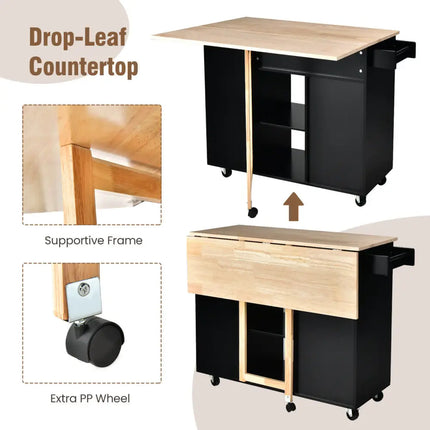 Drop-Leaf Kitchen Island with Rubber Wood Top-Black - Black - Kitchen Islands & Carts