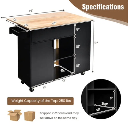Drop-Leaf Kitchen Island with Rubber Wood Top-Black - Black - Kitchen Islands & Carts