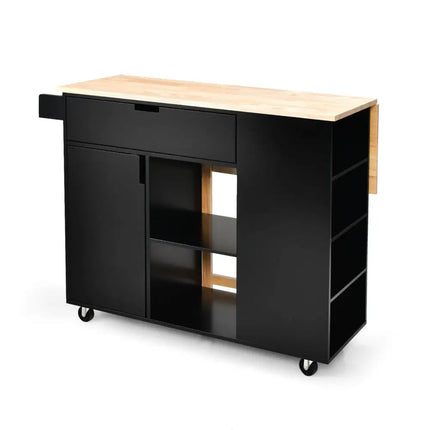 Drop-Leaf Kitchen Island with Rubber Wood Top-Black - Black - Kitchen Islands & Carts
