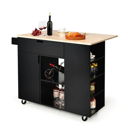 Drop-Leaf Kitchen Island with Rubber Wood Top-Black - Black - Kitchen Islands & Carts
