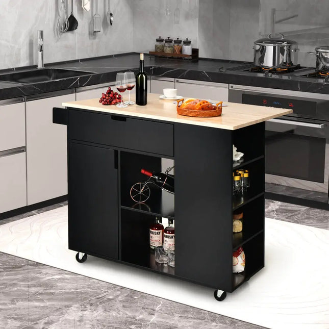 Drop-Leaf Kitchen Island with Rubber Wood Top-Black - Black - Kitchen Islands & Carts