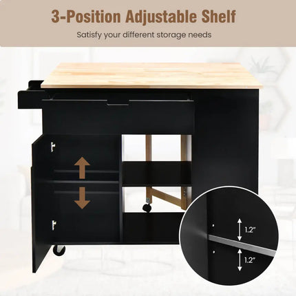 Drop-Leaf Kitchen Island with Rubber Wood Top-Black - Black - Kitchen Islands & Carts