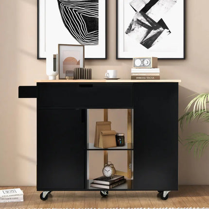 Drop-Leaf Kitchen Island with Rubber Wood Top-Black - Black - Kitchen Islands & Carts