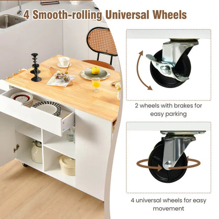 Drop-Leaf Kitchen Island with Rubber Wood Top-White - White - Kitchen Islands & Carts