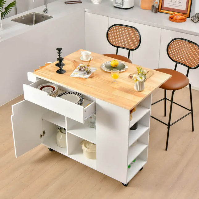 Drop-Leaf Kitchen Island with Rubber Wood Top-White - White - Kitchen Islands & Carts