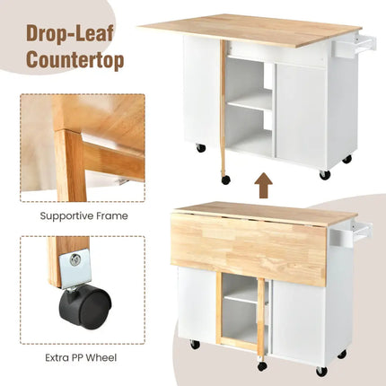 Drop-Leaf Kitchen Island with Rubber Wood Top-White - White - Kitchen Islands & Carts