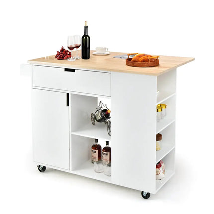 Drop-Leaf Kitchen Island with Rubber Wood Top-White - White - Kitchen Islands & Carts