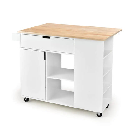 Drop-Leaf Kitchen Island with Rubber Wood Top-White - White - Kitchen Islands & Carts