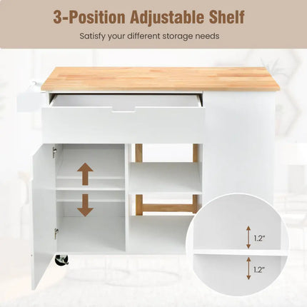 Drop-Leaf Kitchen Island with Rubber Wood Top-White - White - Kitchen Islands & Carts