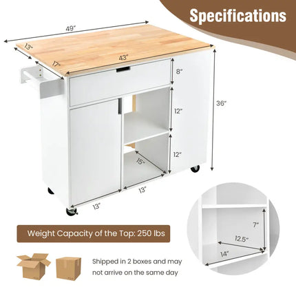 Drop-Leaf Kitchen Island with Rubber Wood Top-White - White - Kitchen Islands & Carts