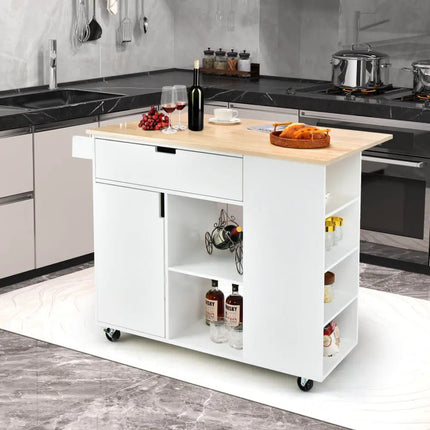 Drop-Leaf Kitchen Island with Rubber Wood Top-White - White - Kitchen Islands & Carts