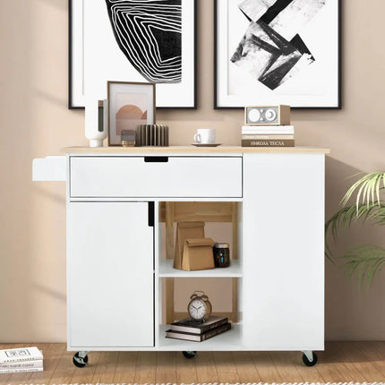 Drop-Leaf Kitchen Island with Rubber Wood Top-White - White - Kitchen Islands & Carts