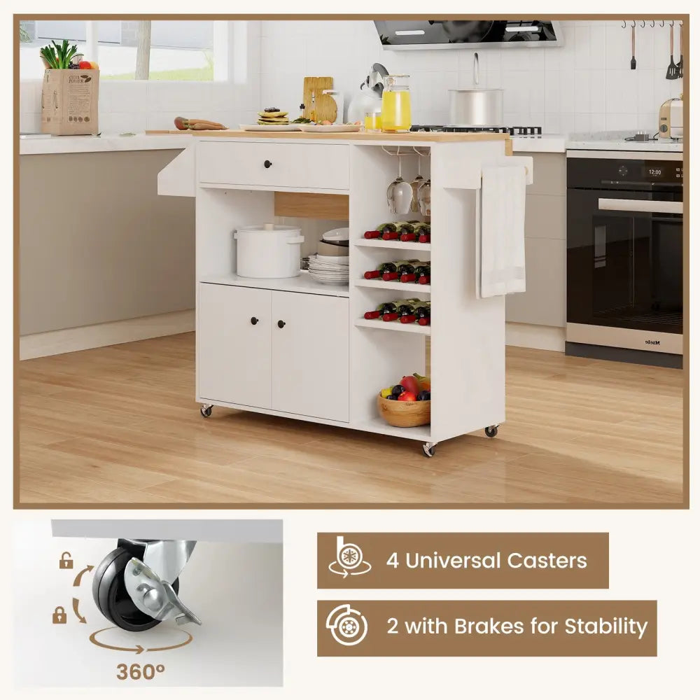 Drop Leaf Mobile Kitchen Island Cart with Power Outlet and Adjustable Shelf-White - White - Kitchen Islands & Carts