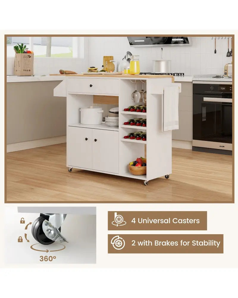 Drop Leaf Mobile Kitchen Island Cart with Power Outlet and Adjustable Shelf-White - White - Kitchen Islands & Carts