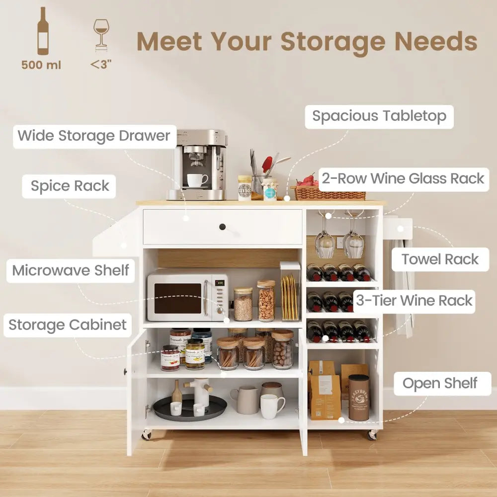 Drop Leaf Mobile Kitchen Island Cart with Power Outlet and Adjustable Shelf-White - White - Kitchen Islands & Carts