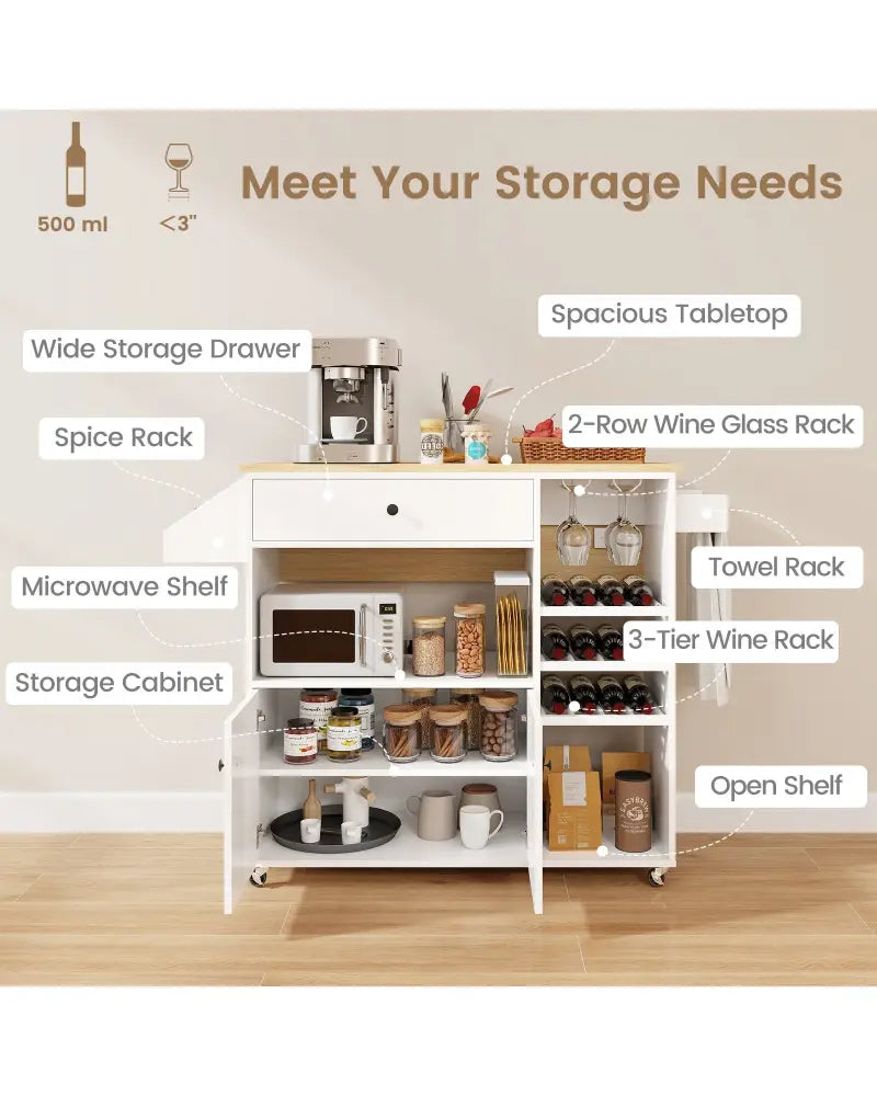 Drop Leaf Mobile Kitchen Island Cart with Power Outlet and Adjustable Shelf-White - White - Kitchen Islands & Carts