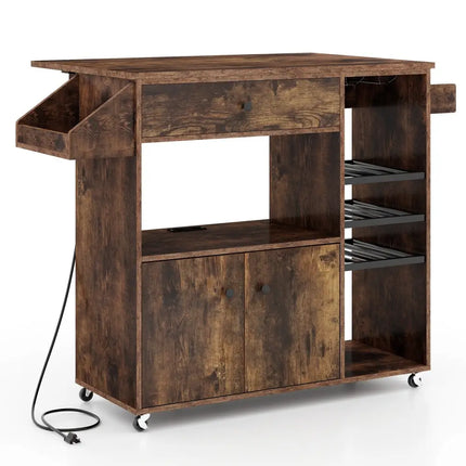 Drop Leaf Mobile Kitchen Island Cart with Power Outlet and Adjustable Shelf-Rustic Brown - Rustic Brown - Kitchen