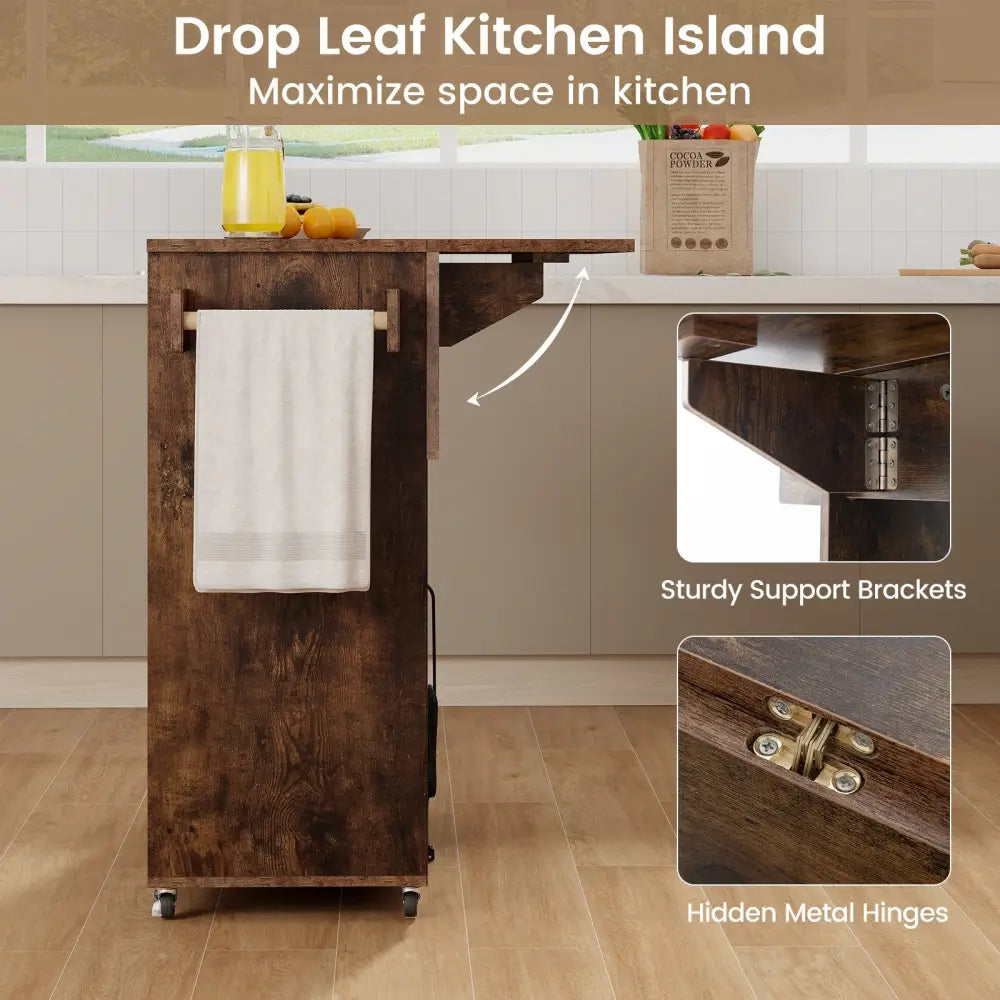 Drop Leaf Mobile Kitchen Island Cart with Power Outlet and Adjustable Shelf-Rustic Brown - Rustic Brown - Kitchen