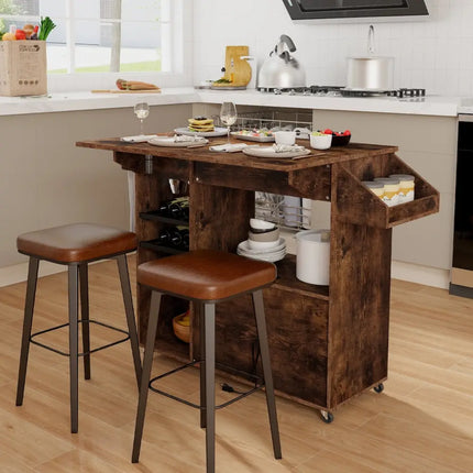 Drop Leaf Mobile Kitchen Island Cart with Power Outlet and Adjustable Shelf-Rustic Brown - Rustic Brown - Kitchen