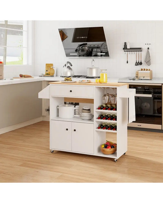 Drop Leaf Mobile Kitchen Island Cart with Power Outlet and Adjustable Shelf-White - White - Kitchen Islands & Carts