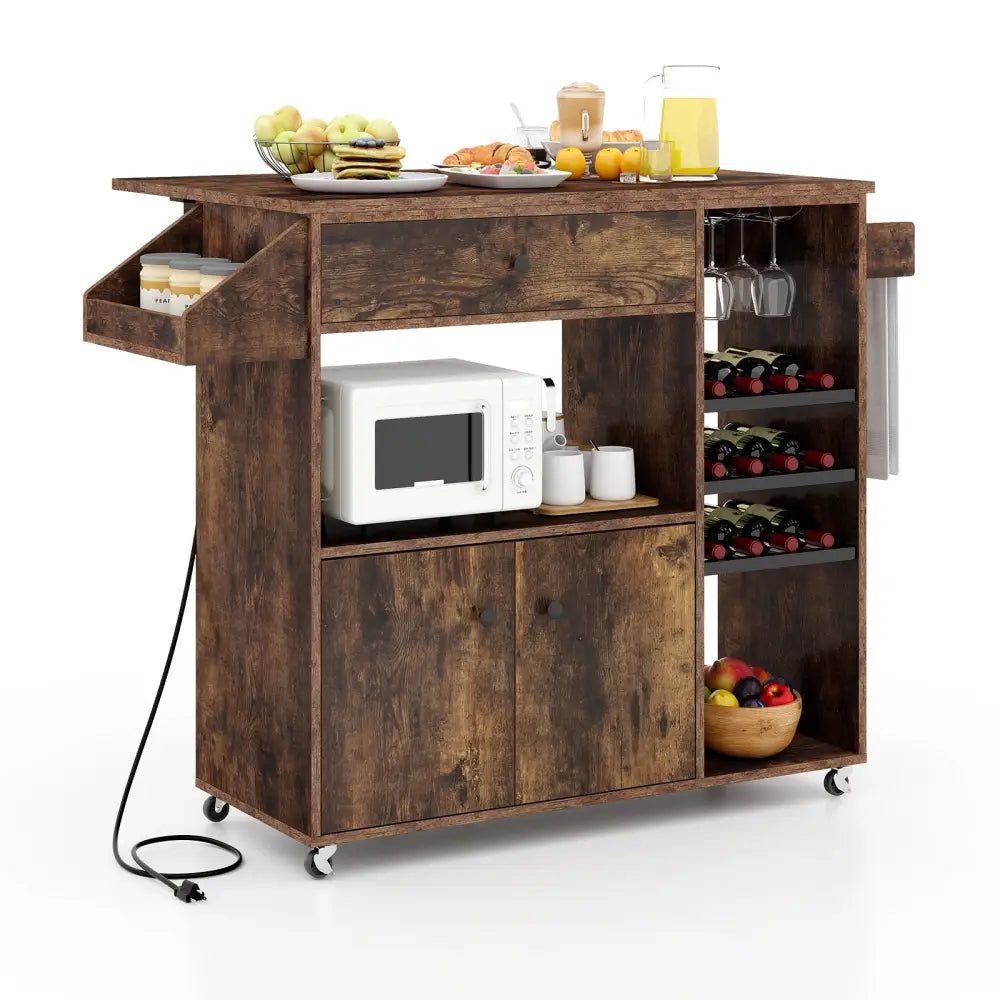 Drop Leaf Mobile Kitchen Island Cart with Power Outlet and Adjustable Shelf-Rustic Brown - Rustic Brown - Kitchen