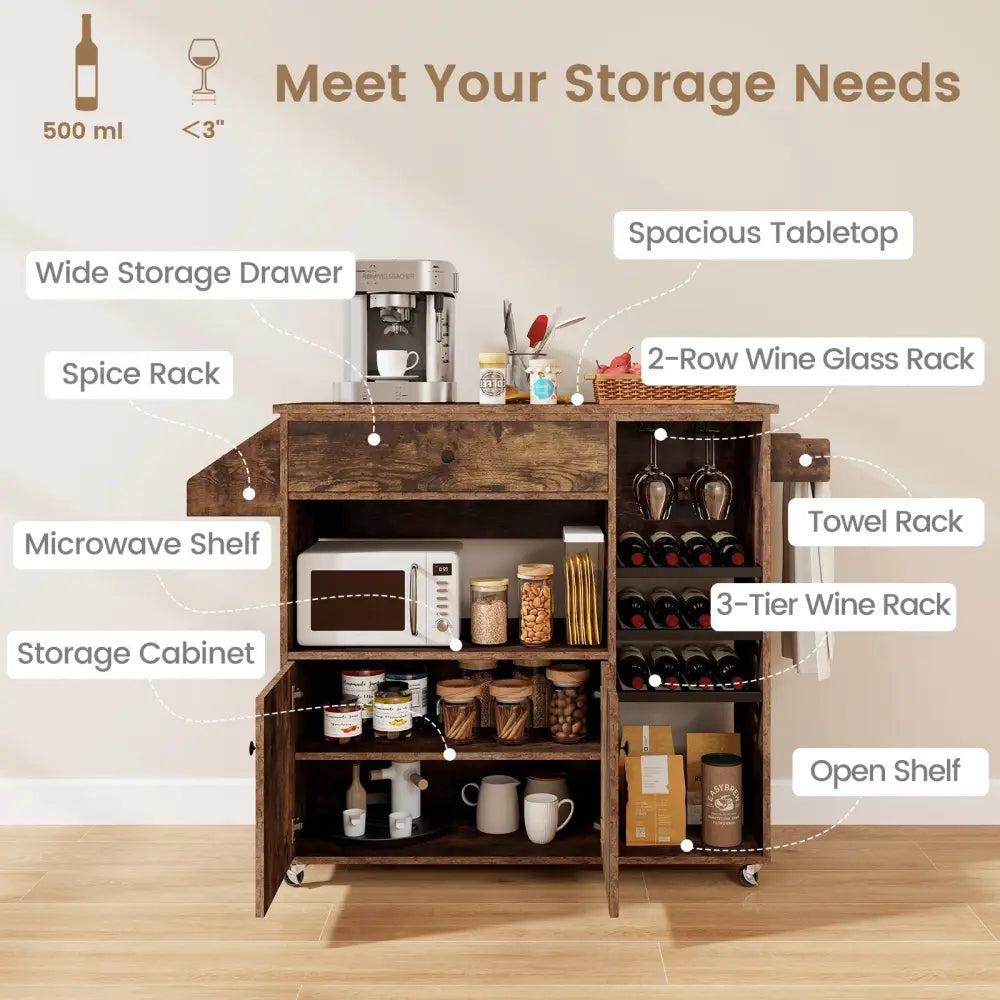 Drop Leaf Mobile Kitchen Island Cart with Power Outlet and Adjustable Shelf-Rustic Brown - Rustic Brown - Kitchen