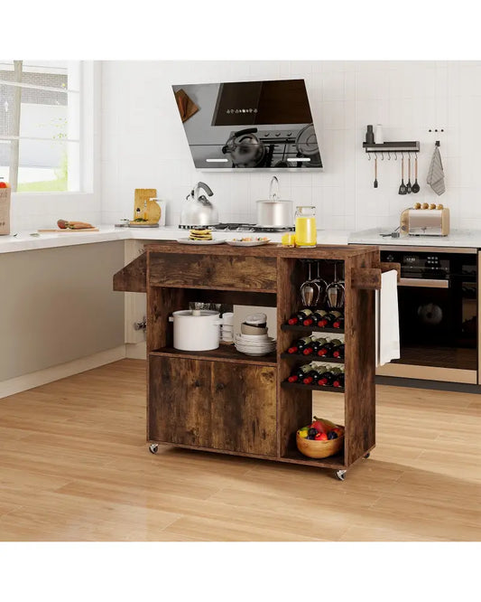Drop Leaf Mobile Kitchen Island Cart with Power Outlet and Adjustable Shelf-Rustic Brown - Rustic Brown - Kitchen