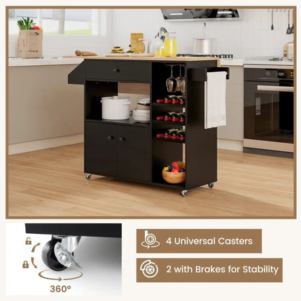 Drop Leaf Mobile Kitchen Island Cart with Power Outlet and Adjustable Shelf-Black and Natural - Black - Kitchen Islands