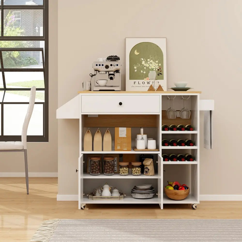 Drop Leaf Mobile Kitchen Island Cart with Power Outlet and Adjustable Shelf-White - White - Kitchen Islands & Carts