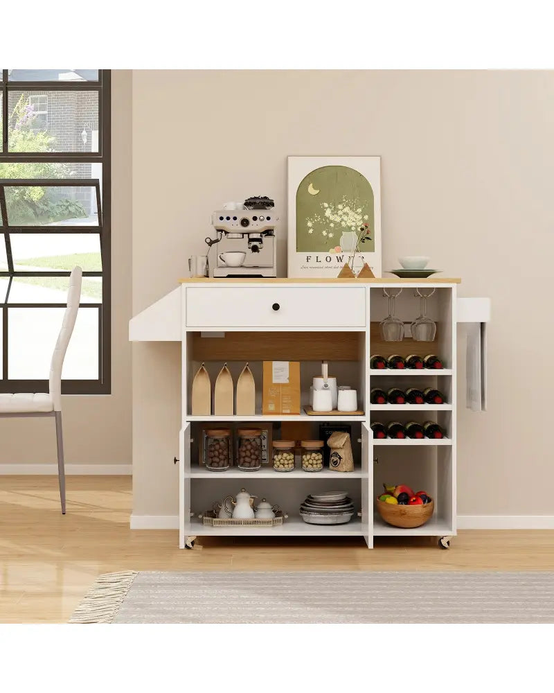 Drop Leaf Mobile Kitchen Island Cart with Power Outlet and Adjustable Shelf-White - White - Kitchen Islands & Carts