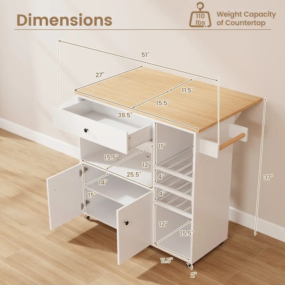 Drop Leaf Mobile Kitchen Island Cart with Power Outlet and Adjustable Shelf-White - White - Kitchen Islands & Carts