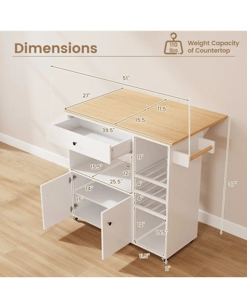 Drop Leaf Mobile Kitchen Island Cart with Power Outlet and Adjustable Shelf-White - White - Kitchen Islands & Carts