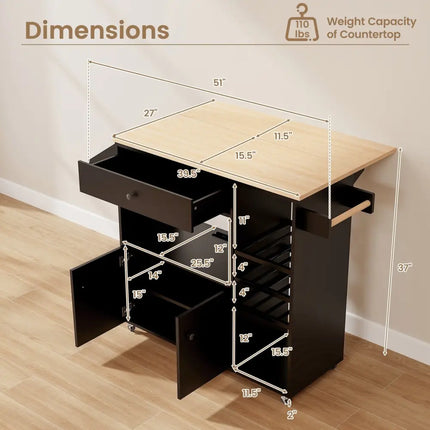 Drop Leaf Mobile Kitchen Island Cart with Power Outlet and Adjustable Shelf-Black and Natural - Black - Kitchen Islands