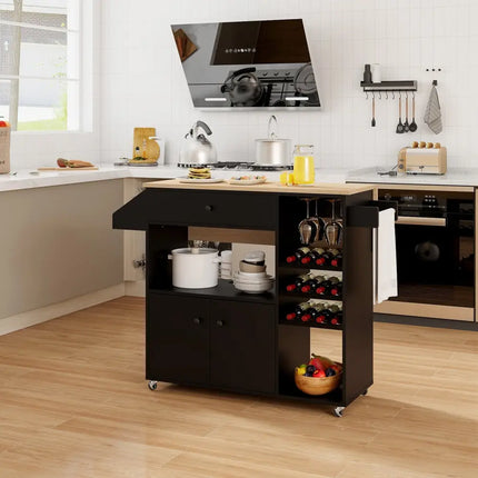 Drop Leaf Mobile Kitchen Island Cart with Power Outlet and Adjustable Shelf-Black and Natural - Black - Kitchen Islands