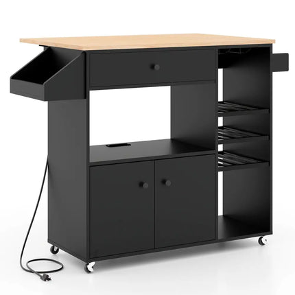 Drop Leaf Mobile Kitchen Island Cart with Power Outlet and Adjustable Shelf-Black and Natural - Black - Kitchen Islands
